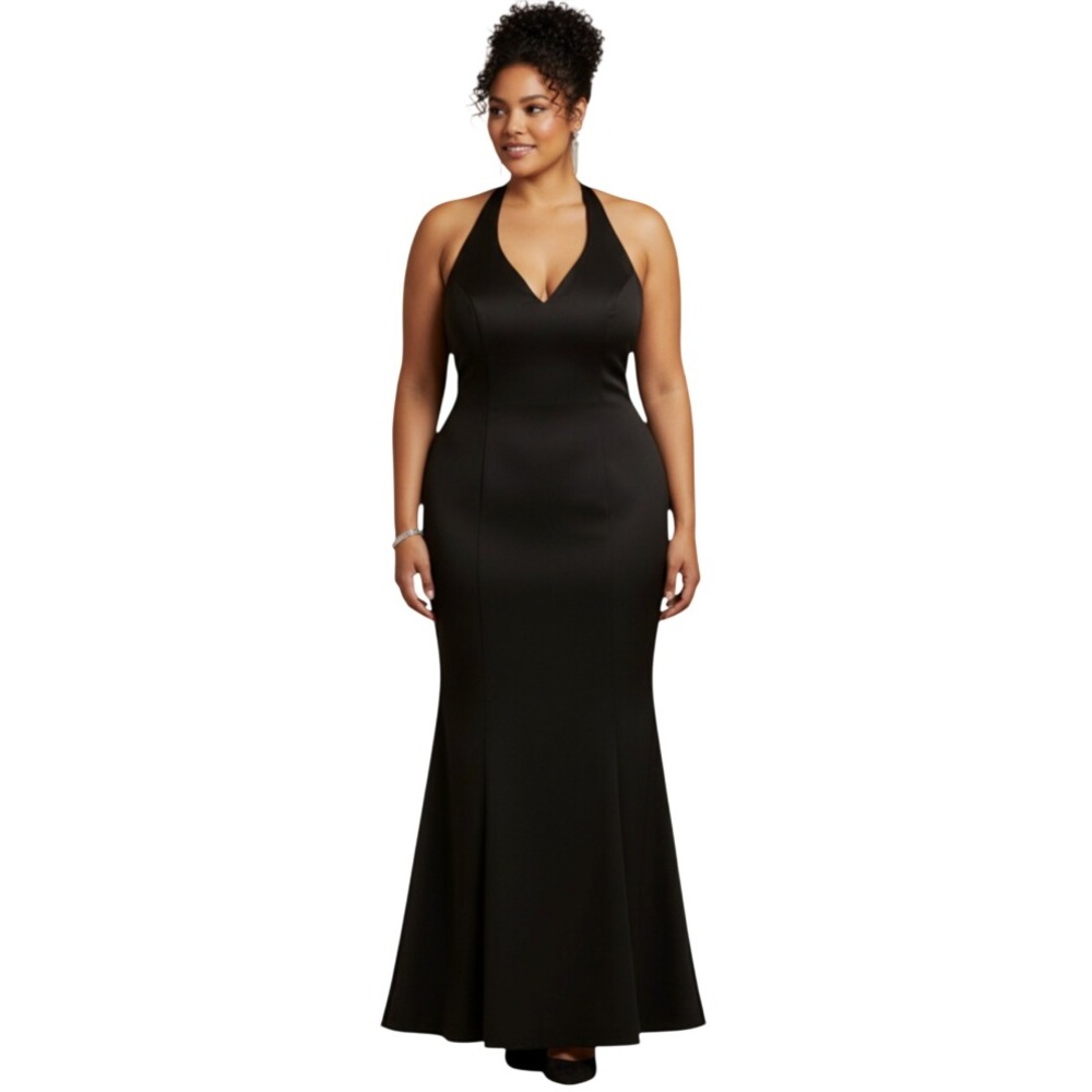 VTG Y2K Morgan & Co. BLACK SATIN HALTER DRESS Witchy Wedding Goth Party SIZE 18